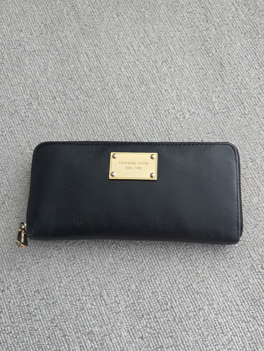 Michael Kors Black Leather Zip-Around Wallet with Gold Plaque